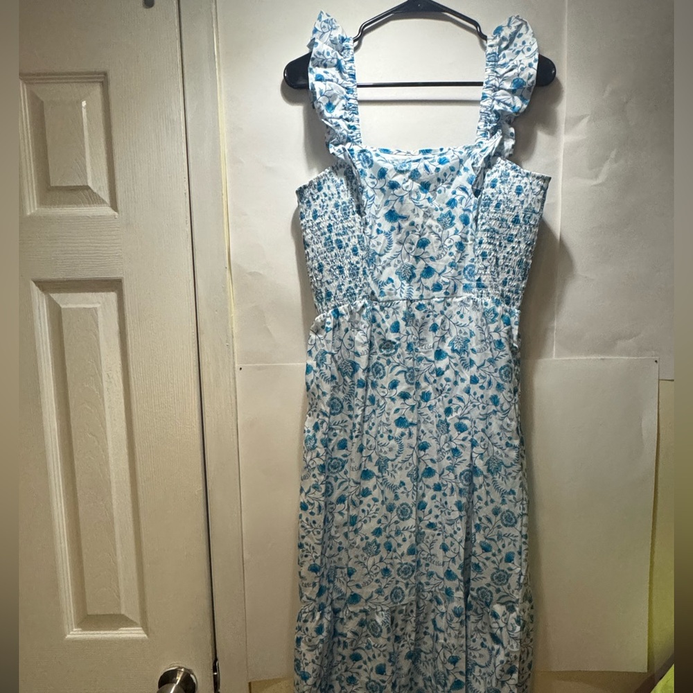 Draper James Blue and White Floral Ruffle-Strap Sundress